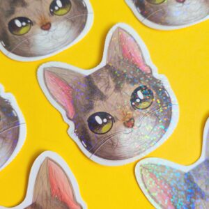 Adesivo Holográfico Gatinho Tigrado com Olhos Verdes