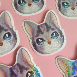 Adesivo Holográfico Gatinho Tigrado e Olhos Azuis